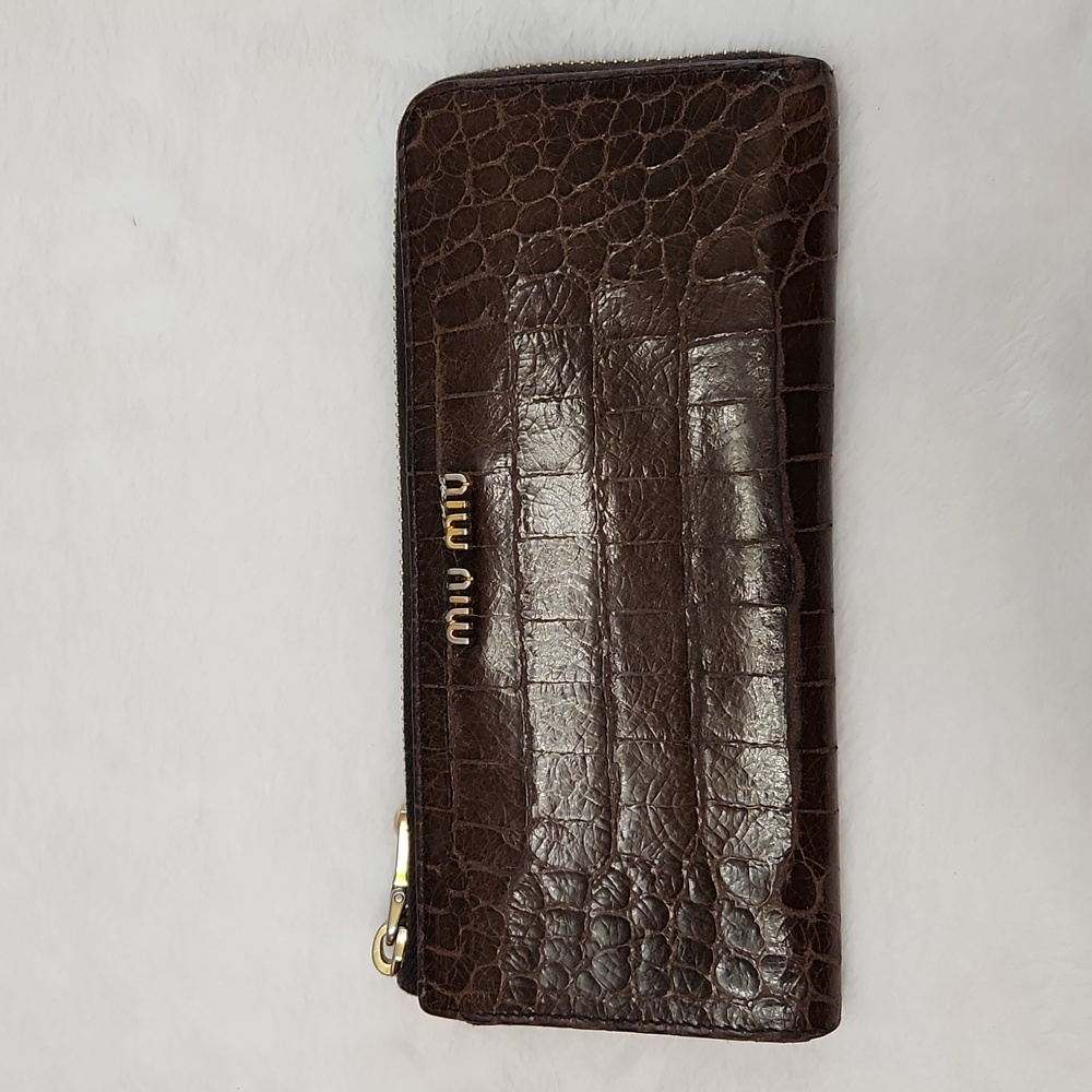 Miu Miu Brown Leather Alligator Imprint Long Zippered Wallet